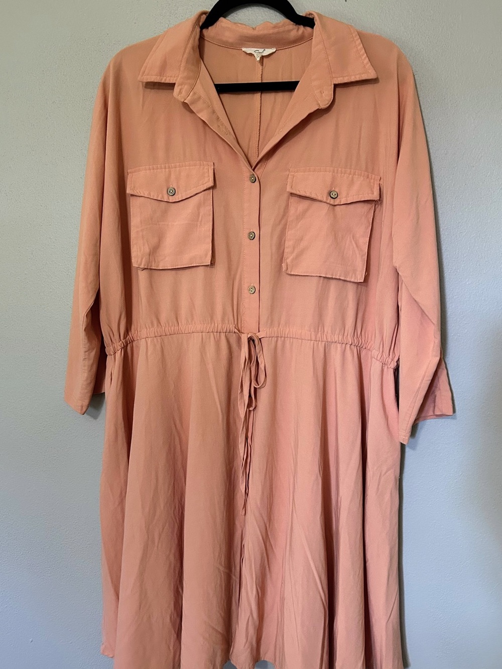 easel Peach Button-Front Workwear Minimalist Midi Dress with Drawstring Waist